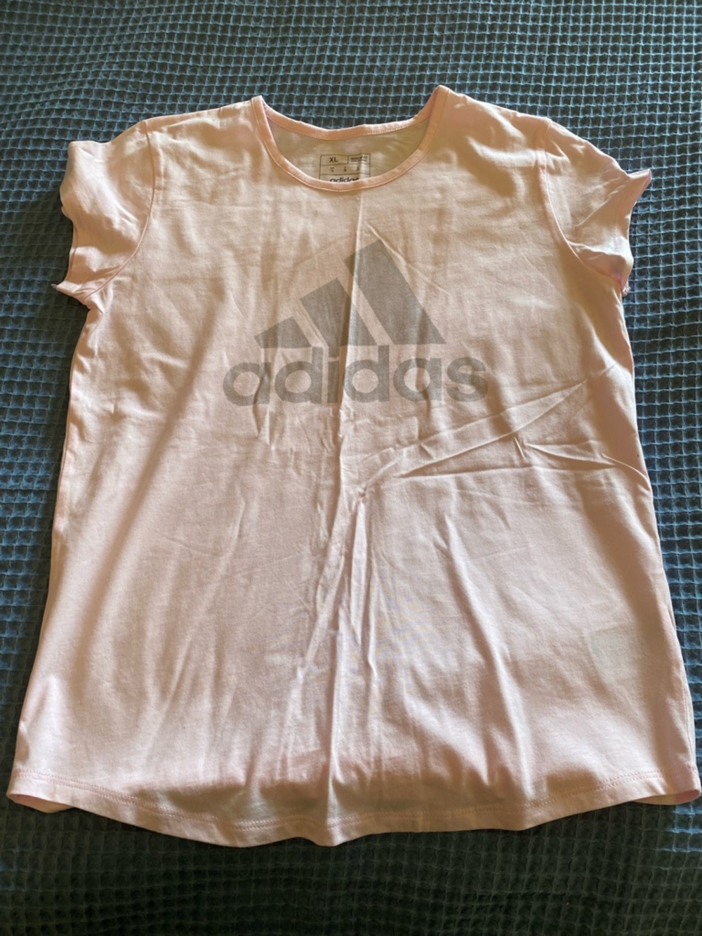 adidas Light Pink Tee with Gray Logo - Kids Short Sleeve
